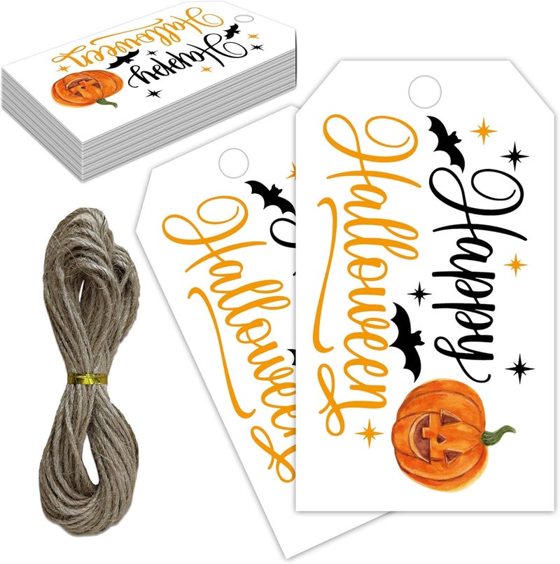 RPLCSPC Halloween Paper Gift Tags with String-50Pcs, Happy Halloween Cute Pumpkin Tags for Goodie Bags, 2 x 3.5 Inch Waterproof Hanging Labels for Decoration Party Supplies, Gift Wrapping, DIY Crafts-B03 - Image 1